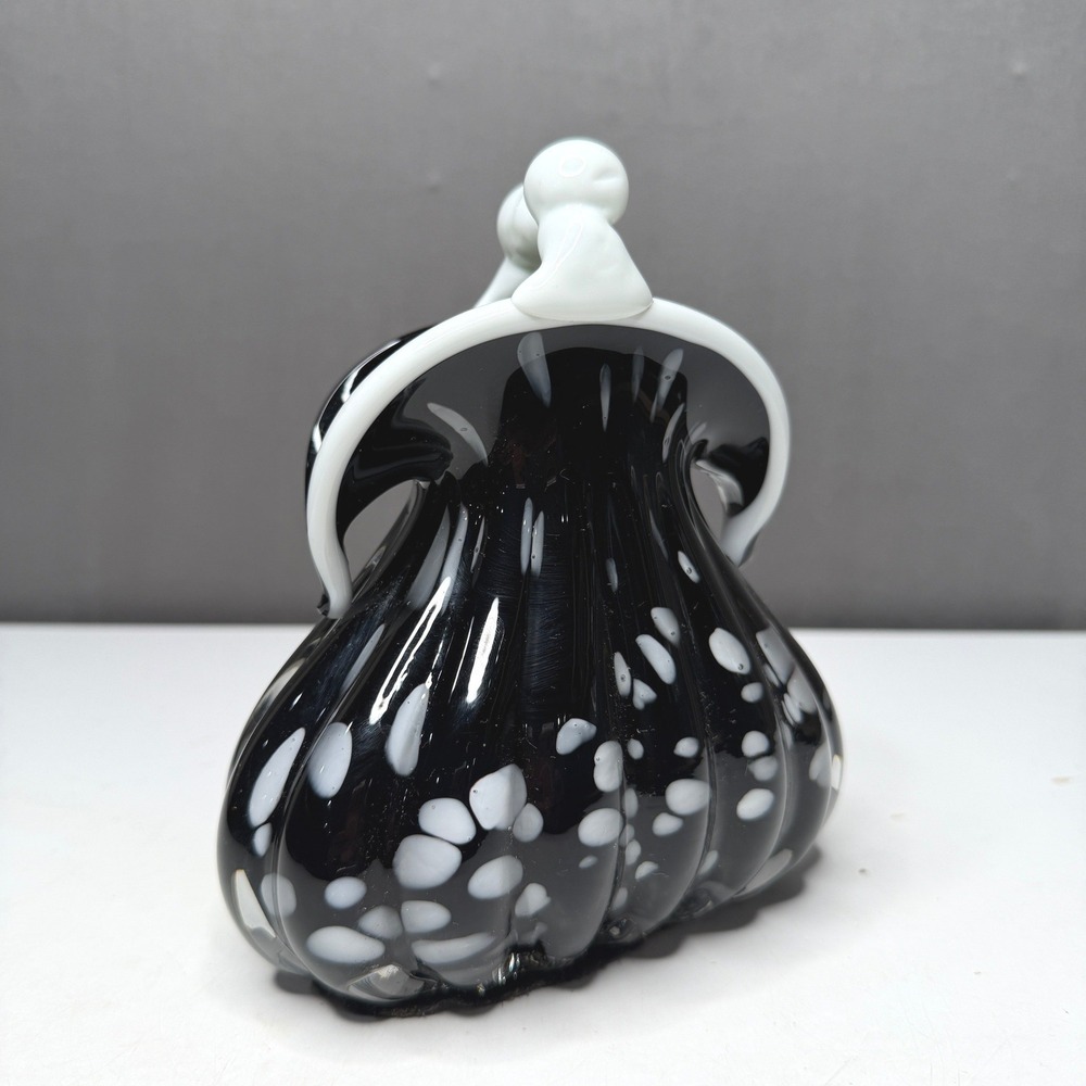 Vintage Murano Style Art Glass Coin Purse Vase Black White Hand Blown Heavy 6.5"